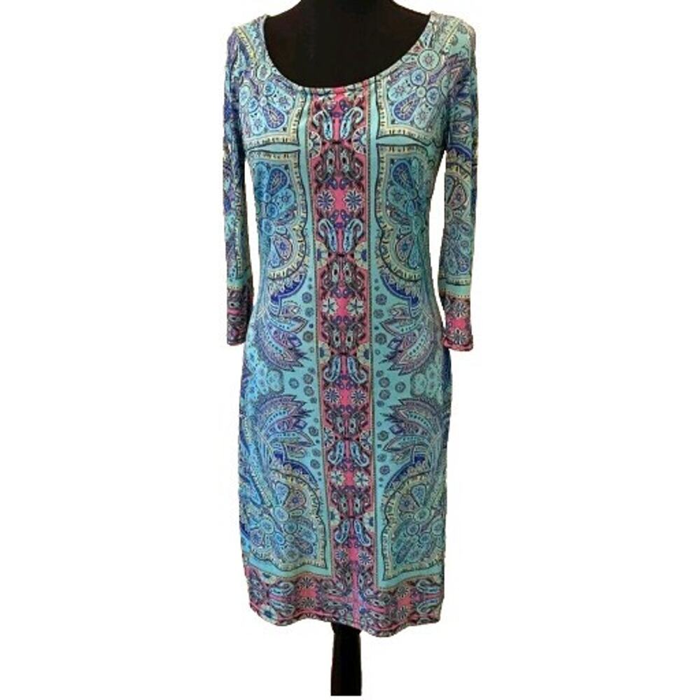 Mlle Gabrielle Geometric Scoop Neck Stretch Shift Dress 3/4 Sleeve Multicolor S